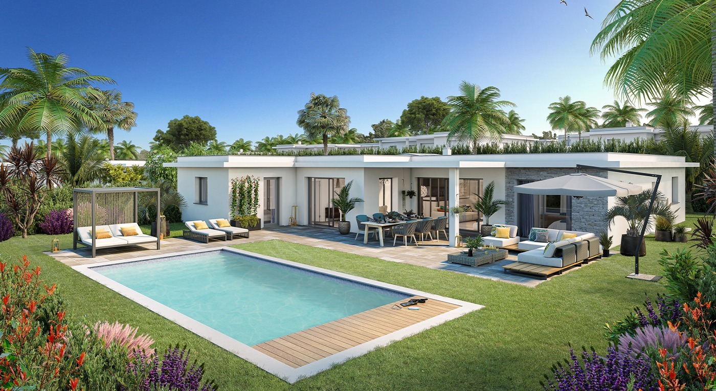 Modern villa with pool and tropical garden