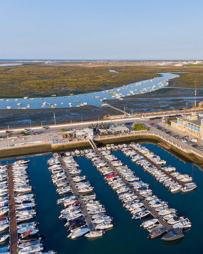 Aerial view of marina with boats in rows.