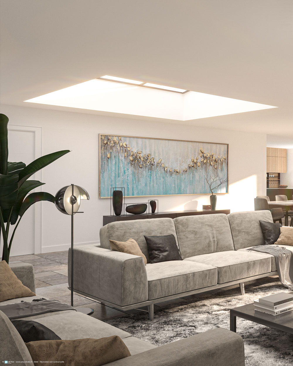 Salon moderne avec canapés gris et œuvres d’art. Salon moderne avec canapés gris et œuvres d'art.