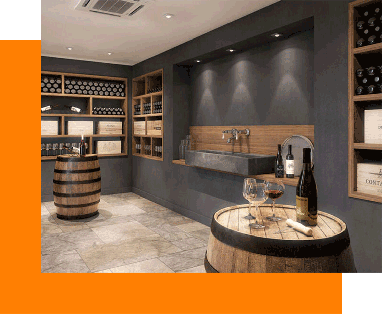 Elegant wine cellar interior with bottles and barrel