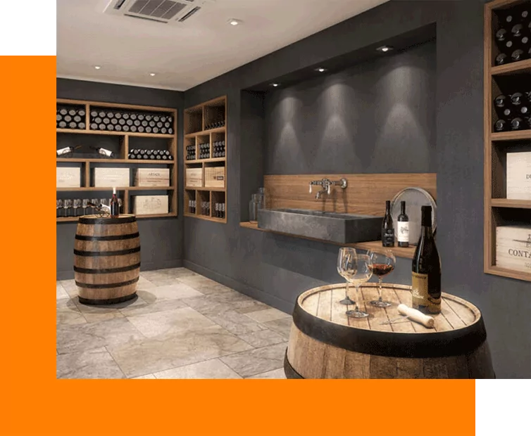 Elegant wine cellar interior with bottles and barrel