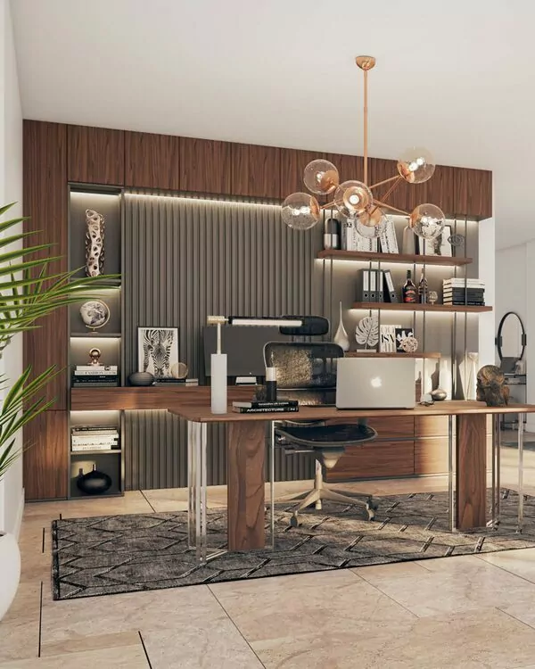 Bureau à domicile moderne avec décoration et éclairage en bois.