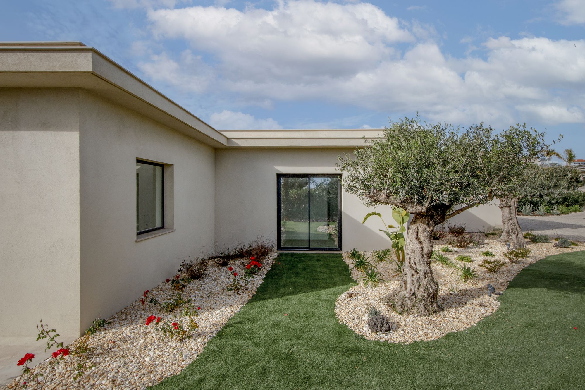 Maison moderne avec jardin aménagé et olivier